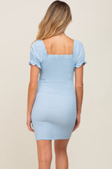 Light Blue Off-Shoulder Smocked Front Tie Fitted Maternity Dress