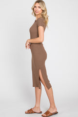 Brown Striped Side Slit Fitted Midi Dress