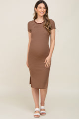 Brown Striped Side Slit Fitted Maternity Midi Dress