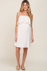 Ivory Ruffle Overlay Shoulder Tie Maternity Dress