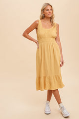 Yellow Gauze Smocked Waist Lettuce Trim Midi Dress