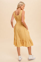 Yellow Gauze Smocked Waist Lettuce Trim Midi Dress