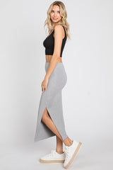 Heather Grey Ribbed Side Slit Midi Skirt