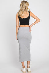 Heather Grey Ribbed Side Slit Midi Skirt