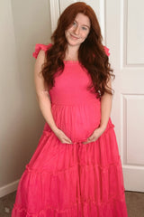 Fuchsia Smocked Mesh Ruffle Accent Maternity Midi Dress