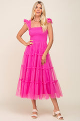 Fuchsia Smocked Mesh Ruffle Accent Maternity Midi Dress