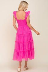 Fuchsia Smocked Mesh Ruffle Accent Midi Dress