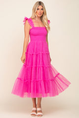 Fuchsia Smocked Mesh Ruffle Accent Midi Dress