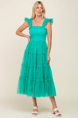 Jade Smocked Mesh Ruffle Accent Maternity Midi Dress