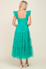 Jade Smocked Mesh Ruffle Accent Midi Dress