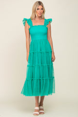 Jade Smocked Mesh Ruffle Accent Midi Dress