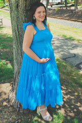 Turquoise Smocked Mesh Ruffle Accent Maternity Midi Dress