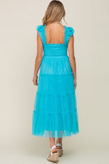 Turquoise Smocked Mesh Ruffle Accent Maternity Midi Dress