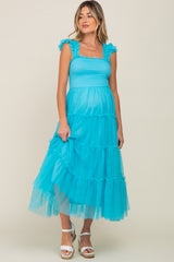 Turquoise Smocked Mesh Ruffle Accent Maternity Midi Dress