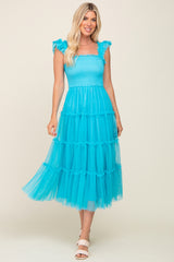 Turquoise Smocked Mesh Ruffle Accent Maternity Midi Dress