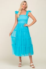 Turquoise Smocked Mesh Ruffle Accent Midi Dress