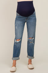 Blue Distressed Knee Rolled Hem Maternity Straight Leg Jeans