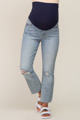 Light Blue Distressed Knee Maternity Straight Leg Jeans