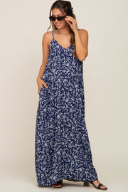 Navy Leaf Print Double V-Neck Maternity Maxi Dress