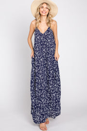 Navy Leaf Print Double V-Neck Maxi Dress