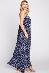 Navy Leaf Print Double V-Neck Maxi Dress