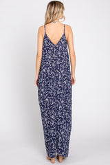 Navy Leaf Print Double V-Neck Maxi Dress