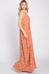 Rust Leaf Print Double V-Neck Maxi Dress