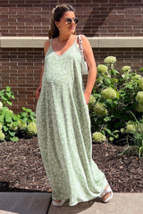 Light Olive Leaf Print Double V-Neck Maternity Maxi Dress