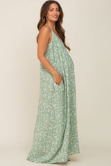 Light Olive Leaf Print Double V-Neck Maternity Maxi Dress