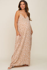 Taupe Leaf Print Double V-Neck Maternity Maxi Dress