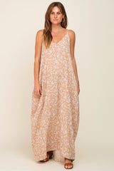 Taupe Leaf Print Double V-Neck Maxi Dress