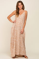 Taupe Leaf Print Double V-Neck Maxi Dress