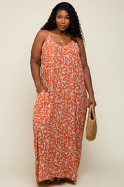 Rust Leaf Print Double V-Neck Plus Maxi Dress