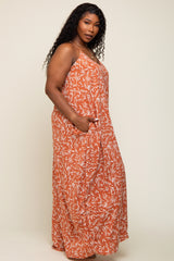 Rust Leaf Print Double V-Neck Plus Maxi Dress