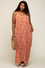 Rust Leaf Print Double V-Neck Plus Maxi Dress