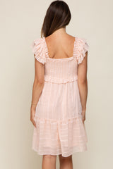 Light Pink Striped Trim Layered Flounce Sleeve Maternity Dress