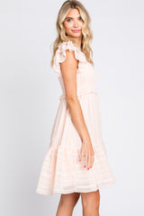 Light Pink Striped Trim Layered Flounce Sleeve Dress