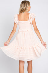 Light Pink Striped Trim Layered Flounce Sleeve Dress