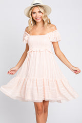 Light Pink Striped Trim Layered Flounce Sleeve Dress