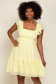 Yellow Striped Trim Layered Flounce Sleeve Dress