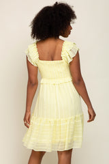 Yellow Striped Trim Layered Flounce Sleeve Dress