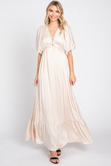 Beige Striped Ruffle Accent Maternity Maxi Dress