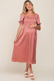 Pink Satin Puff Sleeve Maternity Midi Dress