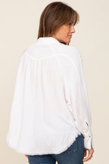 White Button-Down Raw Hem Blouse