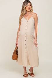 Beige Button Down Maternity Midi Tank Dress