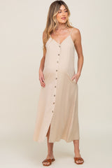 Beige Button Down Maternity Midi Tank Dress