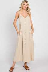 Beige Button Down Maternity Midi Tank Dress