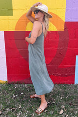 Olive Button Down Midi Tank Dress