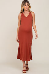 Rust Basic Maternity Shift Midi Dress