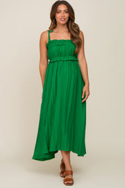 Green Shirred Shoulder Tie Maternity Midi Dress